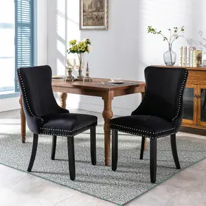 Set of 6 Lux Velvet Tufted Kitchen Dining Chairs with Wooden Legs, High Back Office Bedroom Chairs Black