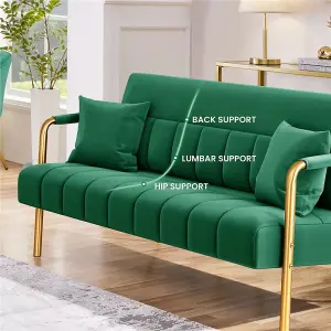 Yaheetech Green Upholstered Sofa Couch with Gold-tone Metal Legs and 2 Pillows