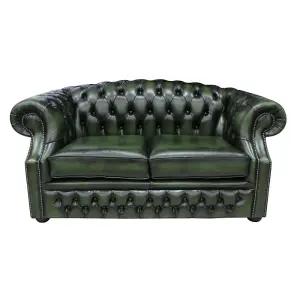 Chesterfield 2 Seater Antique Green Leather Sofa Bespoke In Buckingham Style