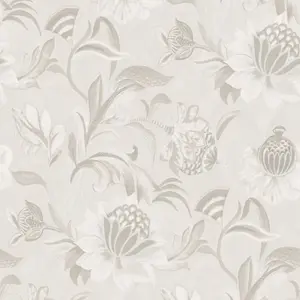 Holden Cecelia Floral Jacobean Style Metallic Vinyl Textured Dove Grey Wallpaper