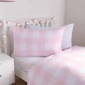 Gingham Duvet Cover Bedding Quilt Pillowcase Set Check Reversible, Pink - Single