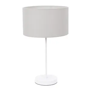 ValueLights Charles White Single Stem Table Lamp with Grey Drum Lamp Shade and LED Bulb