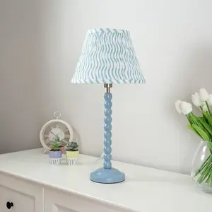 ValueLights Bobbles Powder Blue Bobbin Table Lamp with Green Arrow Pleated Shade