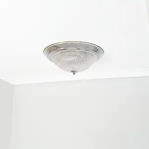 ValueLights Mossley Chrome Flush Ceiling Light with Clear Ribbed Textured Shade - LED Bulb Included