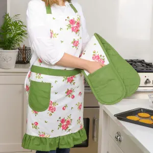 Vintage Style Blush Frilled Edge Adult Cooking Apron with Oven Glove Set