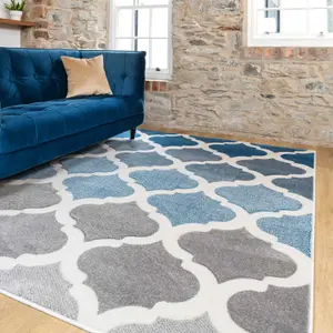 Navy Blue Grey Modern Trellis Living Area Rug 80x150cm