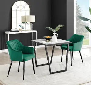 Furniturebox UK Carson White Marble Effect Square Dining Table & 2 Green Calla Black Leg Chairs