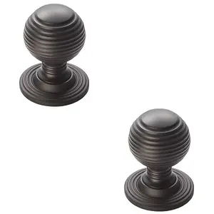 2 PACK - Reeded Ball Door Knob - 28mm Matt Black Lined Cupboard Pull Handle & Rose