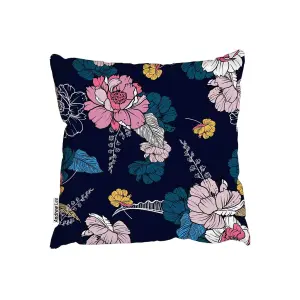 Dark blooming flower night and foliage in hand drawn style for fashion fabric (Outdoor Cushion) / 45cm x 45cm