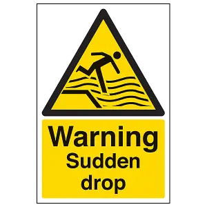 Warning Sudden Drop Water Safety Sign Adhesive Vinyl - 300x400mm (x3)