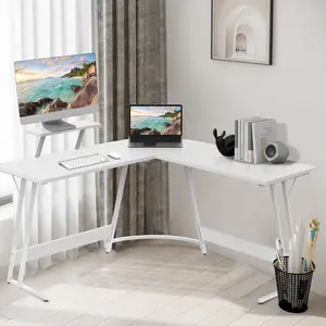 L-Shaped Metal Base Computer Desk White / 70 H x 128 W x 128 D