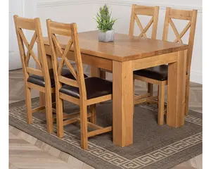 Dakota 127 x 82 cm Chunky Oak Small Dining Table and 4 Chairs Dining Set with Berkeley Brown Leather Chairs