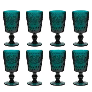 Set of 8 Luxury Embossed Dark Green Drinking Wine Glass Wine Goblets 290ml