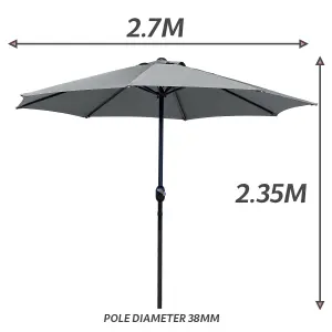 GlamHaus Garden Parasol Table Umbrella 2.7M Crank Handle, UV40 Protection, Includes Protection Cover, Robust Steel - Dark Grey