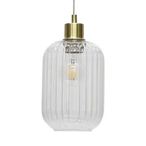 First Choice Lighting Set of 2 Batley Clear Ribbed Glass with Satin Brass Pendant Fittings