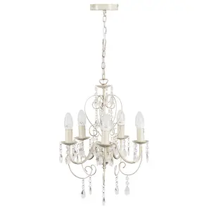 ValueLights Lille Cream Ornate 5 Way Ceiling Light Chandelier with Acrylic Jewels and 5 LED SES E14 Frosted Glass Candle Bulbs