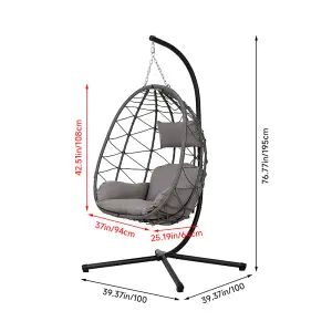 100cm W x 100cm D x 195cm H Grey Hanging Chair with Black Stand and Dark Grey Cushion