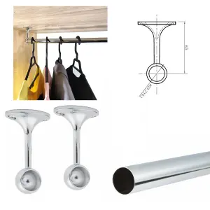 Suspended Round Wardrobe Rail Hanging Tube Pipe 1100mm Chrome Set with End Brackets