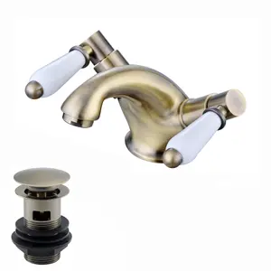 ENKI Downton Antique Brass Monobloc Slotted Ceramic Lever Brass Basin Mixer Tap & Waste BBT0239