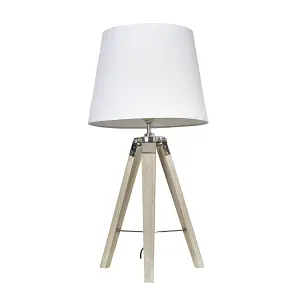 ValueLights Clipper Modern Distressed Wood and Silver Chrome Tripod Table Lamp with White Tapered Light Shade