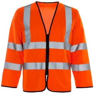 Hi-Vis Long Zipped Orange Vest with ID & Phone Pocket - Large