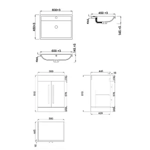 Rinse Bathrooms 600mm Free Standing Vanity Unit with Basin Sink Cabinet Unit Bathroom Storage Units Gloss Grey Painting