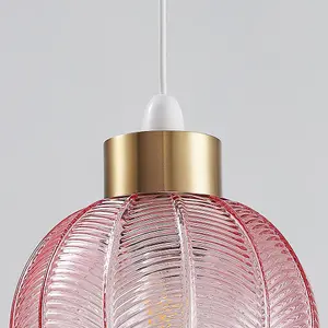 Antique Gold & Pink Ribbed Glass Vintage Retro Easy Fit Globe Dome Pendant Shade - 20.5cm Diameter (8") - None Electric Pendant