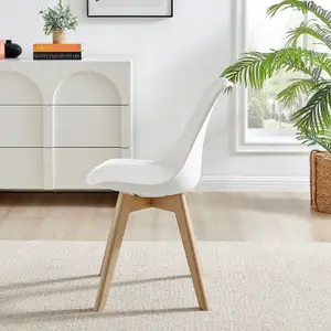 Furniturebox Seattle Scandi Inspired Glass and White Leg Square Dining Table & 4 White Cushioned Stockholm Beech Wood Leg Chairs