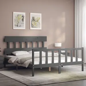 Berkfield Bed Frame with Headboard Grey King Size Solid Wood