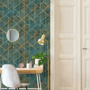 GoodHome Diap Teal Metallic effect Geometric Textured Wallpaper