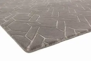 Grey Silver Wool Handmade Modern Luxurious Chequered Geometric Rug For Living Room and Bedroom-120cm X 170cm