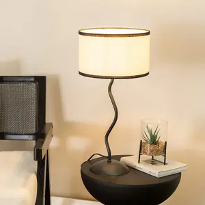 ValueLights Wiggle Black Metal Single Stem Table Lamp with Linen Black Trim Drum Lamp Shade and LED Bulb