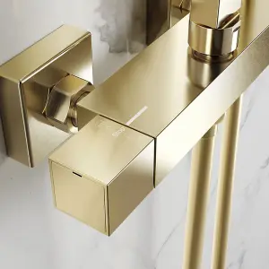 Square Brushed Brass Thermostatic Shower Twin Head