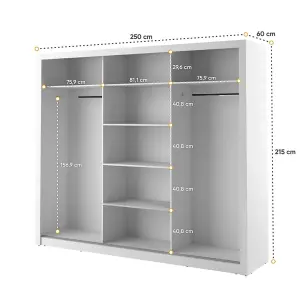 Lux II Modern Mirrored Sliding Door Wardrobe (H2150mm W2500mm D600mm) - White Matt