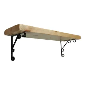 Solid Wood Handmade Rustical Shelf Primed 145mm 6 inch with Black Metal Bracket WO Length of 20cm