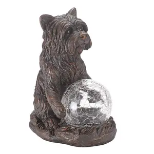 Solar Powered Mystic Dog Garden Ornament - Hand Painted Sculpture with Light Up LED Crackle Glass Ball - H19.5 x W10 x D15.5cm