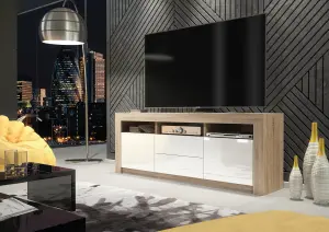 Shine TV Unit 160cm Oak & White with High Gloss Doors and LED Lighting - Creative Furniture