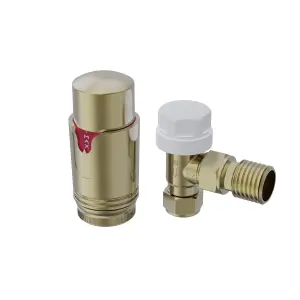 Right Radiators Brushed Brass Angled Thermostatic TRV & Manual Radiator Valves 15mm x 1/2" One Pair