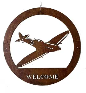 Spitfire Large Wall Art - With Text - Steel - W49.5 x H49.5 cm - Bare Metal/Ready to Rust