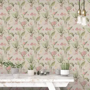 Galerie Secret Garden Taupe/Bright Botanical Floral Wallpaper Roll