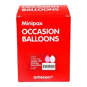 Amscan Minipax Happy 18th Birthday Balloons Box (6 Pack) Pink and White (22.8cm)