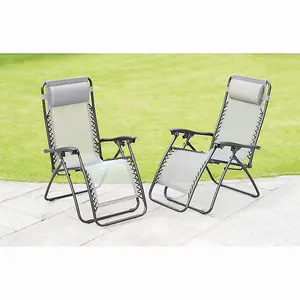 2x Zero Gravity Reclining Garden Chairs With Cup And Phone Holder, Outdoor Folding Sun loungers - Grey