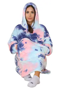 MS9 Women's Oversized Hoodie Wearable Blanket Hoodie Top With Sherpa Lining Pink and Blue