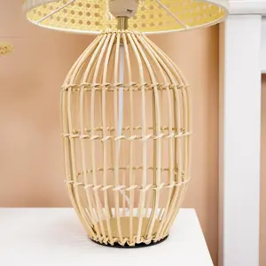 ValueLights Hollins Natural Rattan Cylinder Table Lamp with Cream Woven Rattan Wicker Shade