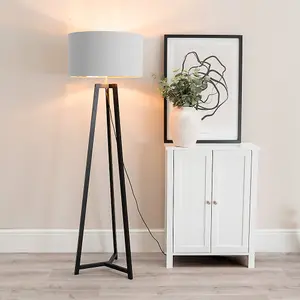 ValueLights Lottie Black Wood Tripod Floor Lamp with Grey/Gold Drum Shade - LED Bulb Included