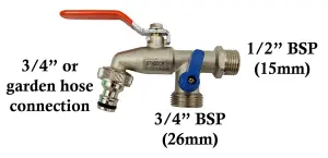 Bradas 1/2 Inch Double Outlet Garden Outdoor Tap Valve Faucet Fits Hozelock