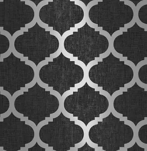 Charcoal Black Trellis Geometric Metallic Silver Grey Wallpaper Linen Effect