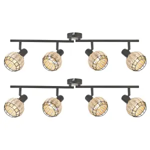 First Choice Lighting Set of 2 Goa Black and Natural Rattan 4 Light Ceiling Spotlight Bars