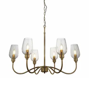 Luminosa Livorno Multi Arm Pendant Ceiling Light Antique Brass Plate, Clear Glass