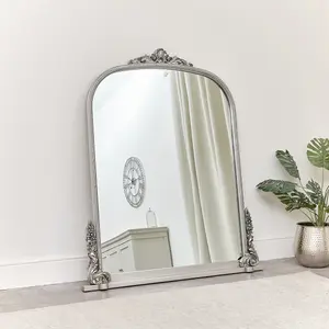 Melody Maison Extra Large Arch Antique Silver Ornate Overmantle Mirror - 152cm x 128cm